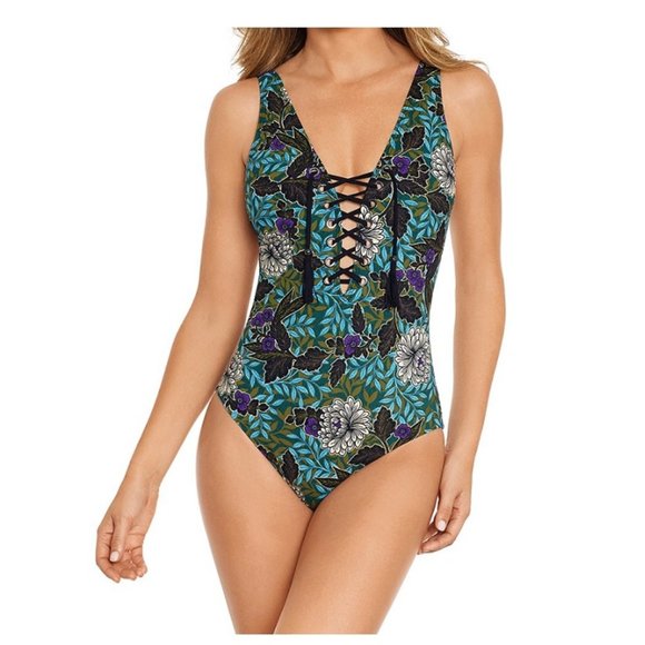 Amoressa by Miraclesuit Rhiannon Gypsy Lace Up One Piece Swimsuit $188 Size 12 - Picture 1 of 10